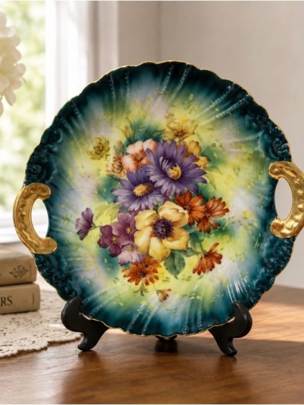 Vintage Victoria Czechoslovakia Hand Painted Floral Cake Plate Teal Gold 10"